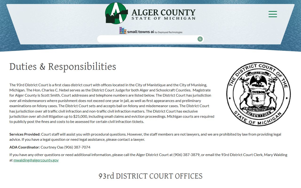 Alger County court records after arrest 93rd District Court duties