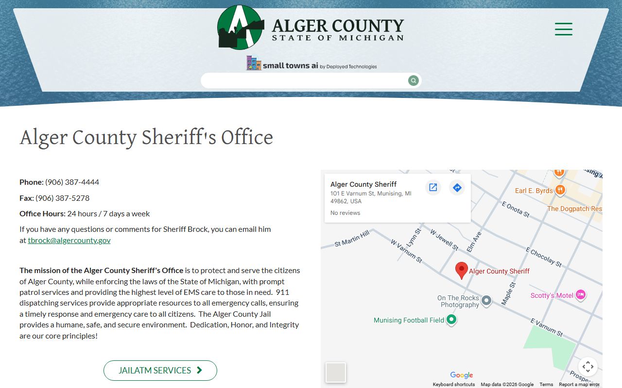 Alger County Sheriff's Office page showing jail capacity and department contact details