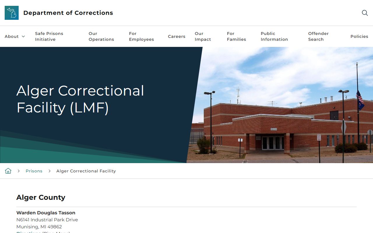MDOC Alger Correctional Facility page with prison address and security details