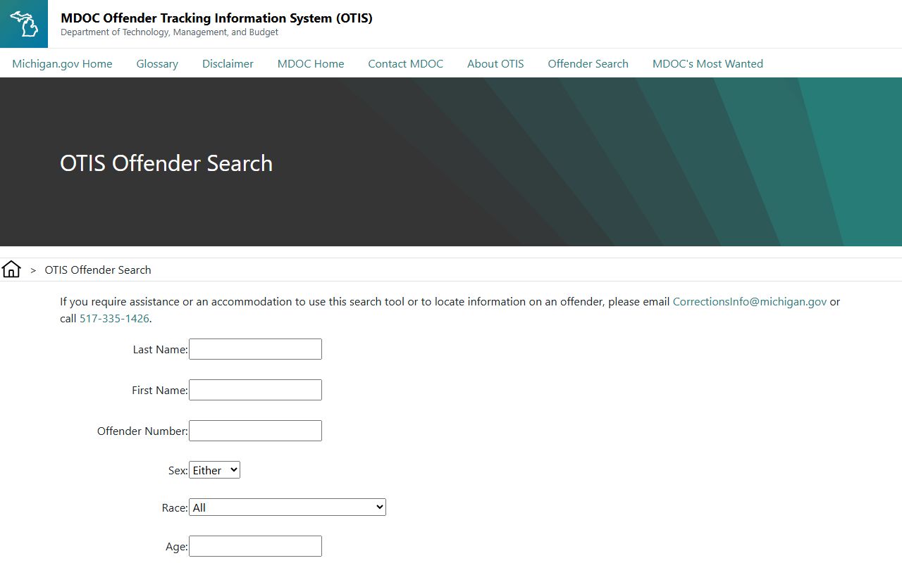 MDOC OTIS offender search form for Michigan state prisoner lookup